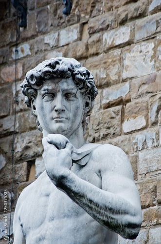 statue of Michelangelo's David in Florence in front of Palazzo Vecchio © pmmart