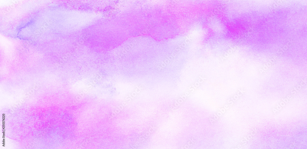 Abstract grunge violet gradient violet water color artistic brush paint splash background. Vintage light purple watercolor paint hand drawn illustration with paper grain texture for aquarelle design.