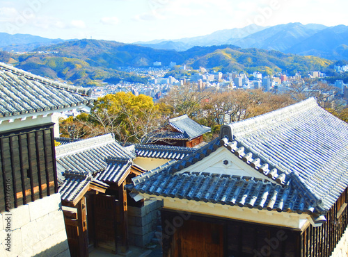 Japanese traditional wooden architecture with mountain view