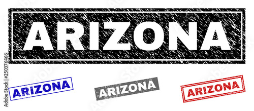 Grunge ARIZONA rectangle stamp seals isolated on a white background. Rectangular seals with grunge texture in red  blue  black and grey colors.