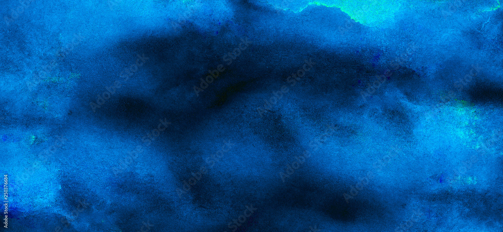 Fototapeta premium Cosmic neon light blue watercolor background. Paper textured aquarelle deep black canvas for modern creative design. Thunder storm lightning night sky texture multicolor water color paint illustration