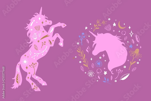 Vector Silhouette of Unicorn and unicorn head in the flower, rustic pattern. Fairy tale forest collection