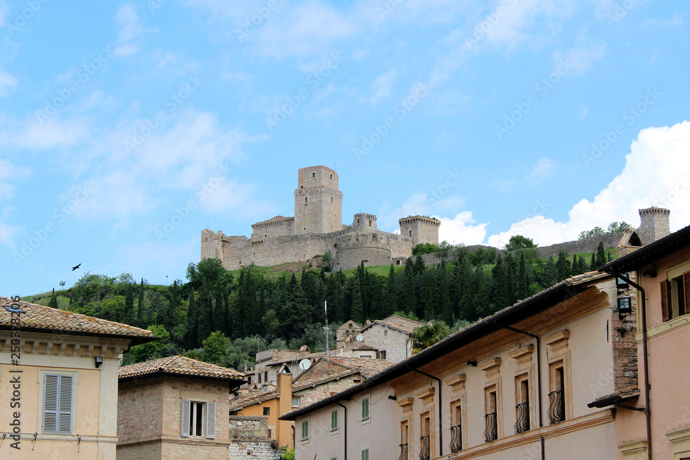 Assisi, Umbria, Italy. View of Rocca Maggiore, medieval fortress dominating the city.