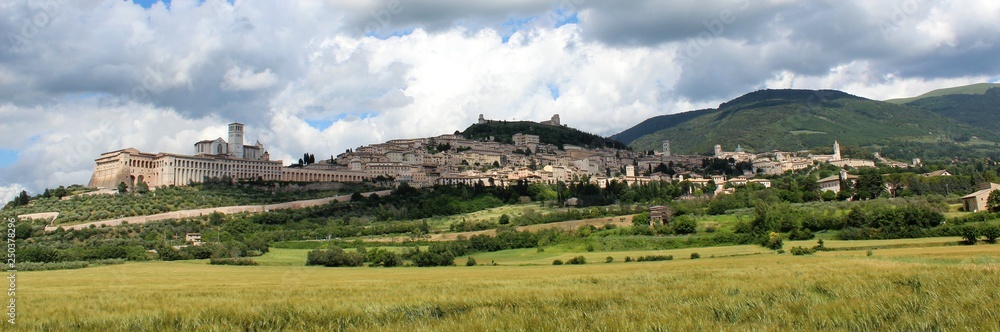 Assisi, Umbria, Italy. Panorama of the hill of the city seen from a hay field in the plain. on the left the cathedral of San Francesco.