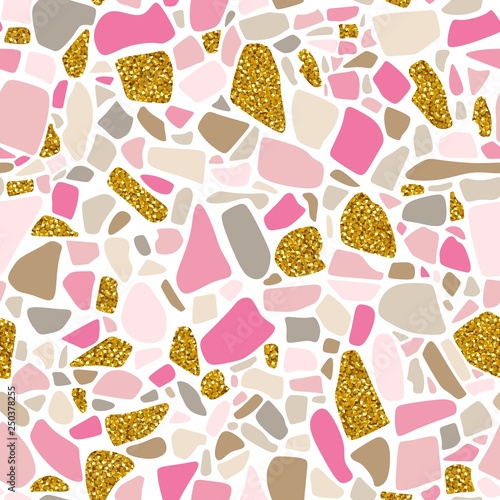 Seamless pattern in terrazzo style. Gold and pink. Luxury mosaic surface. Trendy design.