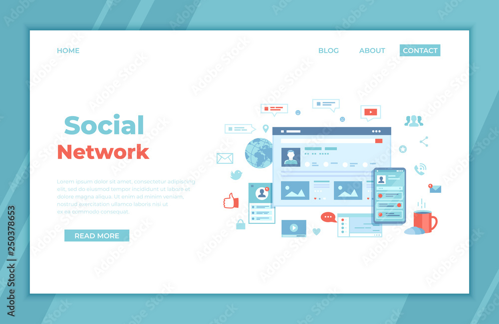 Social media network, online internet communication. Website page social Interface. Mobile and computer user screens, home page. landing page template or web banner. Social media network, online internet communication. Website page social Interface. Mobile and computer user screens, home page. landing page template or web banner.