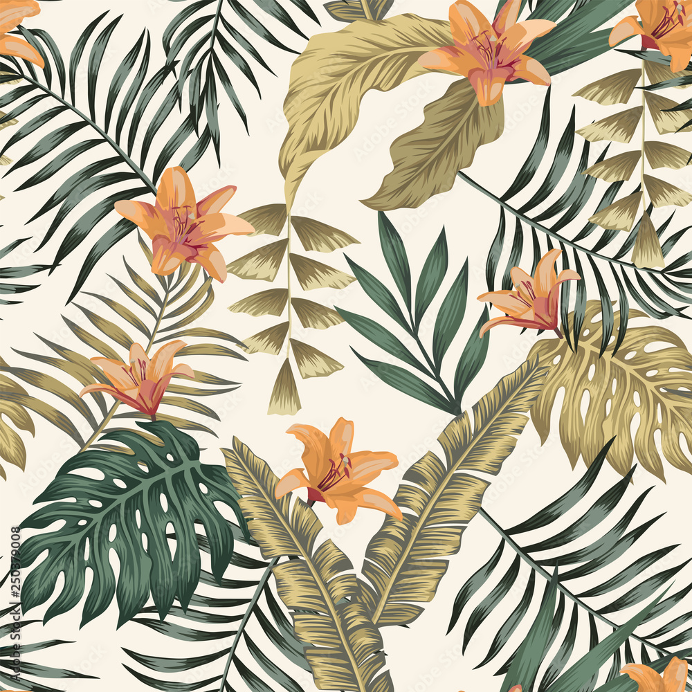Fototapeta Tropikalne liście i kwiaty abstrakcyjne kolory bezszwowe białe tło