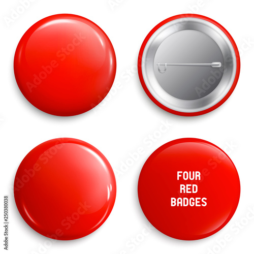 Vector blank red glossy badges or web buttons. Four different plastic pins, emblems, volunteer labels. Front and Back Side. 3d render. Vector.