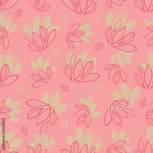 Girly abstract leaves vector seamless texture pattern on pink color background for fabric, wallpaper, packaging, Decorative print.