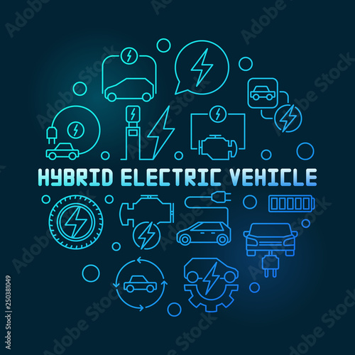Hybrid Electric Vehicle round vector blue illustration in outline style on dark background