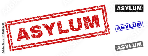 Grunge ASYLUM rectangle stamp seals isolated on a white background. Rectangular seals with grunge texture in red, blue, black and gray colors.