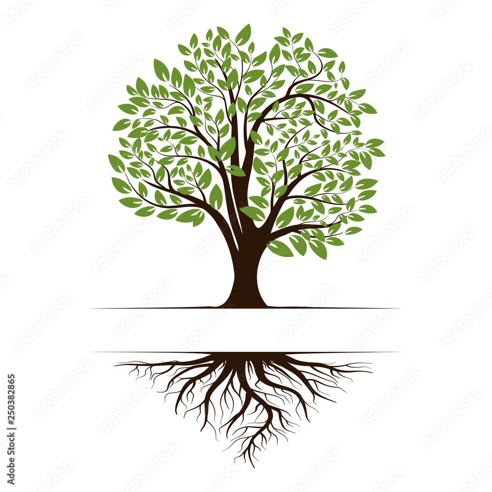 Logo of a green tree with roots and leaves. Vector illustration icon ...