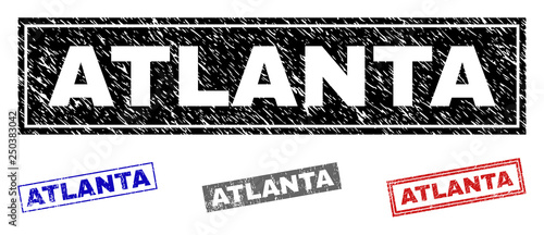 Grunge ATLANTA rectangle stamp seals isolated on a white background. Rectangular seals with grunge texture in red, blue, black and gray colors.