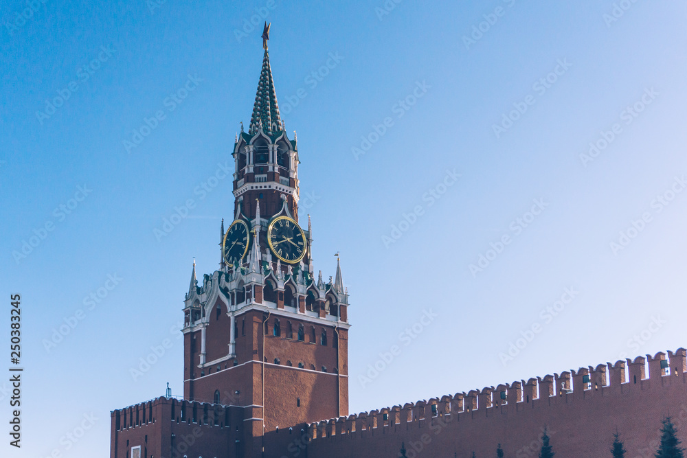 Kremlin, Red Square. Spasskaya Tower of the Kremlin. Moscow, Russia.