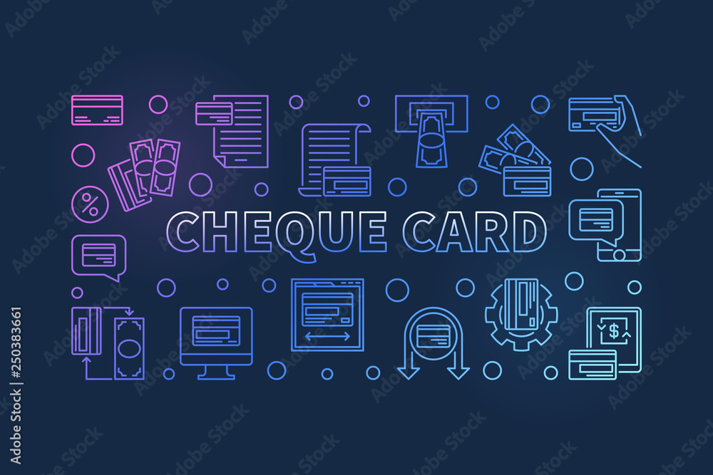 Cheque Card outline vector colorful horizontal illustration or banner on dark background