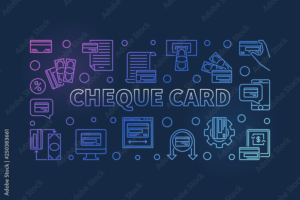 Fototapeta premium Cheque Card outline vector colorful horizontal illustration or banner on dark background