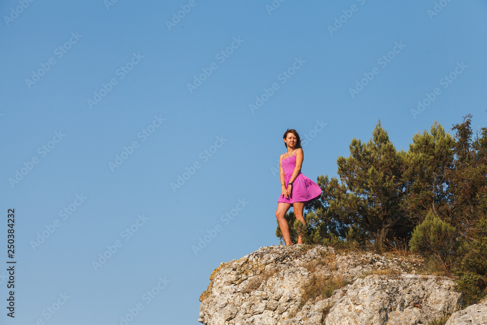 A girl in a pink dress stands on a rock in front of a precipice