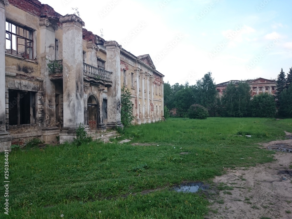 Abandoned and destroyed by time, Park ensemble and estate in Grebnevo, Moscow region, Russia.