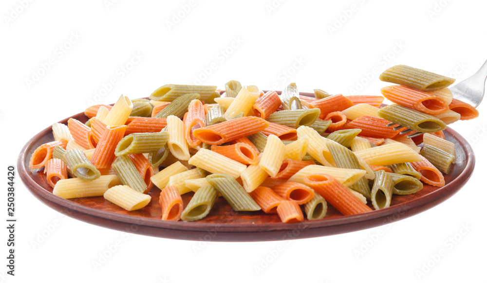 Penne rigate in porcelain bowl isolated on white background Penne rigate in porcelain bowl isolated on white background