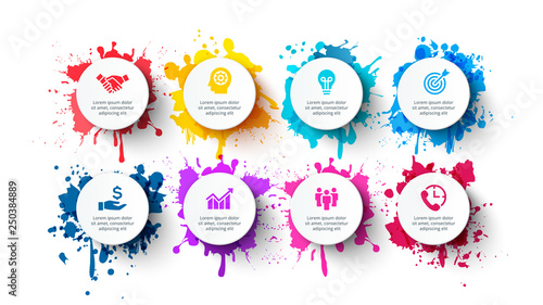 Vector white circles with splashes of paints. Infographic templates with 8 options