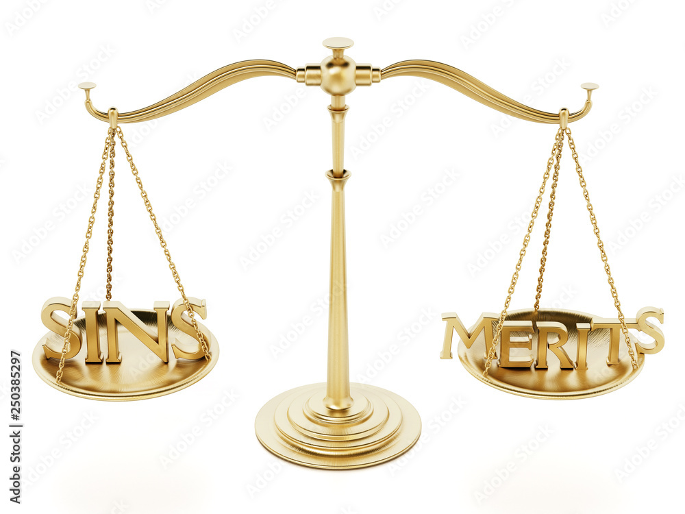 Balanced scale with sins and merits on two sides. 3D illustration Balanced scale with sins and merits on two sides. 3D illustration