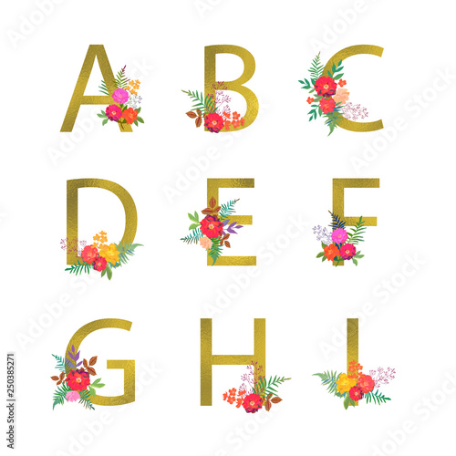 Poster with golden letters A, B, C, D, E, F, G, H, I. Floral botanical flowers. Decorative alphabet vector font with bouquet on white background. Textile and card design.