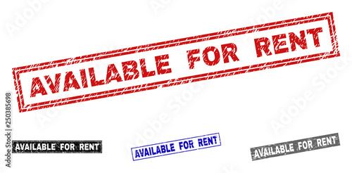 Grunge AVAILABLE FOR RENT rectangle stamp seals isolated on a white background. Rectangular seals with grunge texture in red, blue, black and gray colors.