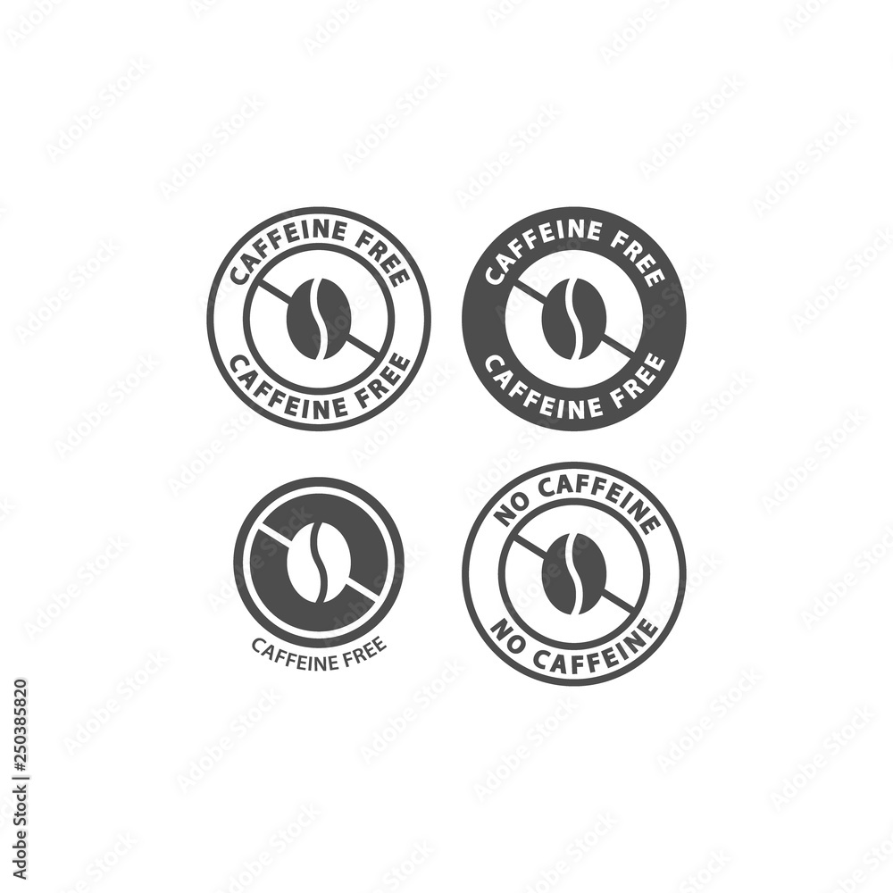 Caffeine free black vector circle label set. No caffeine ingredient sticker sign. Coffee bean and text circle stamp for packaging. Caffeine free black vector circle label set. No caffeine ingredient sticker sign. Coffee bean and text circle stamp for packaging.