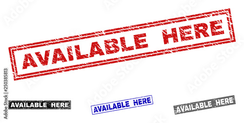 Grunge AVAILABLE HERE rectangle stamp seals isolated on a white background. Rectangular seals with grunge texture in red, blue, black and gray colors.