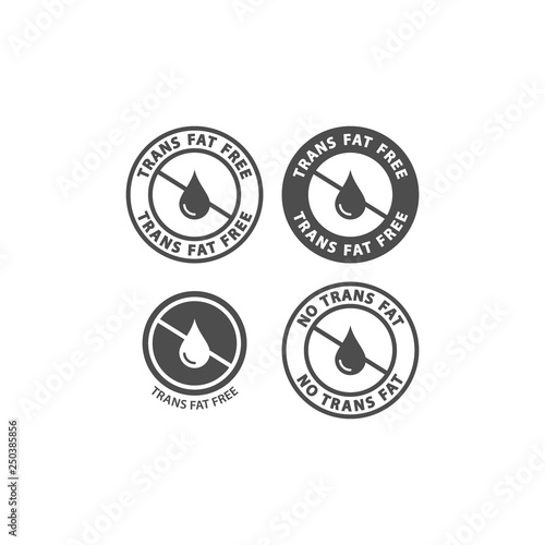 Trans fat free black vector circle sticker set. No trans fats ingredient label sign. Circle stamp with text for packaging.