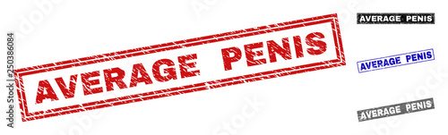 Grunge AVERAGE PENIS rectangle stamp seals isolated on a white background. Rectangular seals with grunge texture in red, blue, black and gray colors.