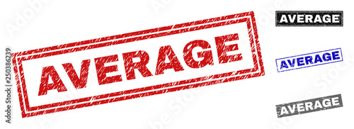 Grunge AVERAGE rectangle stamp seals isolated on a white background. Rectangular seals with grunge texture in red, blue, black and grey colors.