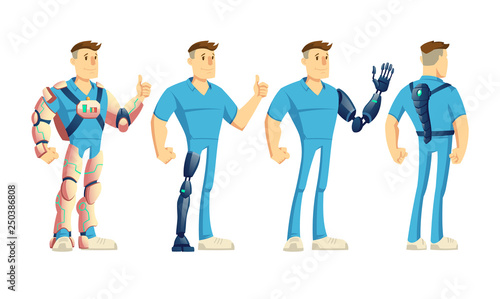 Disabled man wearing innovative exoskeleton or exosuit, handicapped or injured person using robotic led and hand prosthesis, walk with spine artificial support mechanism cartoon vector illustration