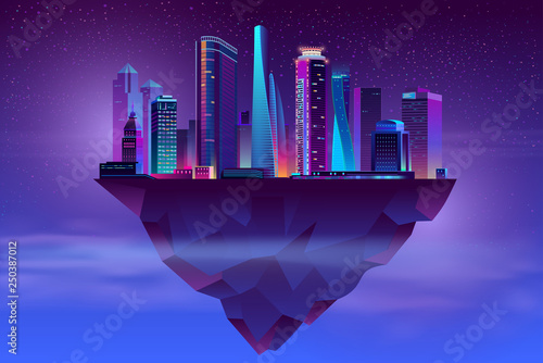 Vector modern megapolis on soaring island. Bright glowing buildings at night in cartoon style. Urban skyscrapers in neon colors, town exterior, architecture background. Cityscape concept.