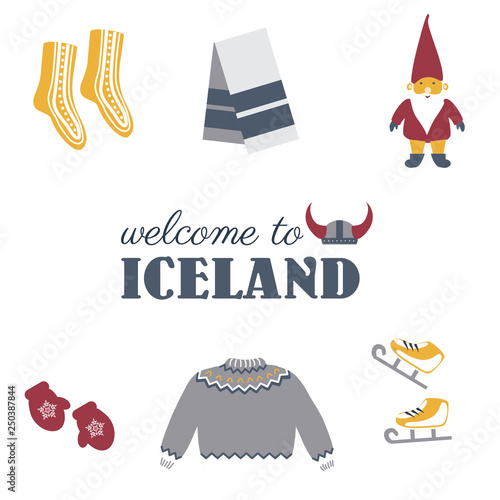Icelandic national winter clothes, Christmas elf, skates isolated on white, decorative woolen jumper, scandinavian colorful symbols, cartoon flat style european icons accessory set for travel design