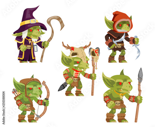 Evil goblins pack dungeon dark wood tribe monster minion army fantasy medieval action RPG game characters isolated icons set vector illustration photo