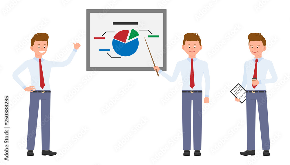 Young handsome office man in formal wear holding cup of coffee and notes, making presentation. Cartoon character design of happy worker at the report, training lesson concept - Vector Young handsome office man in formal wear holding cup of coffee and notes, making presentation. Cartoon character design of happy worker at the report, training lesson concept - Vector