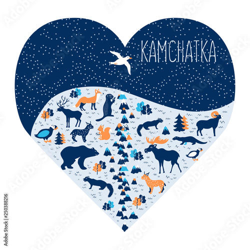Kamchatka peninsula cartoon travel vector illustration in heart shape, Far Eastern Federal District, Russia, russian colorful symbol, decorative icon wild animals, bear, gropher, volcanoes, mountains