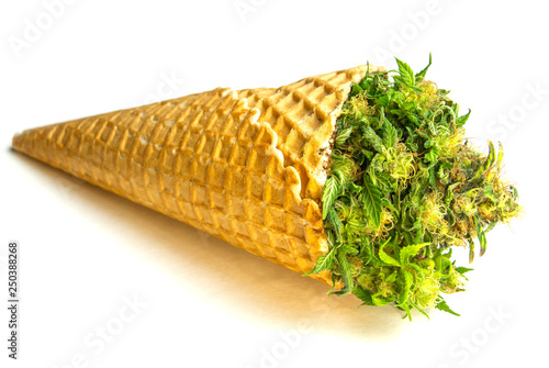 Waffle Cup with Medical Marijuana on White Background