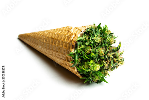 Waffle Cup with Medical Weed on White Background