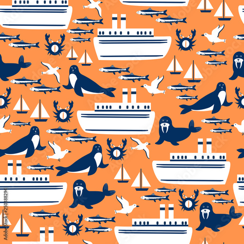 Seamless marine pattern, wild sea animals, cartoon travel vector illustration ship, sailboat, swalrus, fur seal, seagull colorful isolated on orange backdrop, decorative texture for design wallpaper