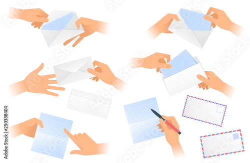 A postman hold and give the envelope with paper letter. A man writes a letter, opens the writing. Flat vector concept illustration set of human hands holding and taking out of the envelope message.