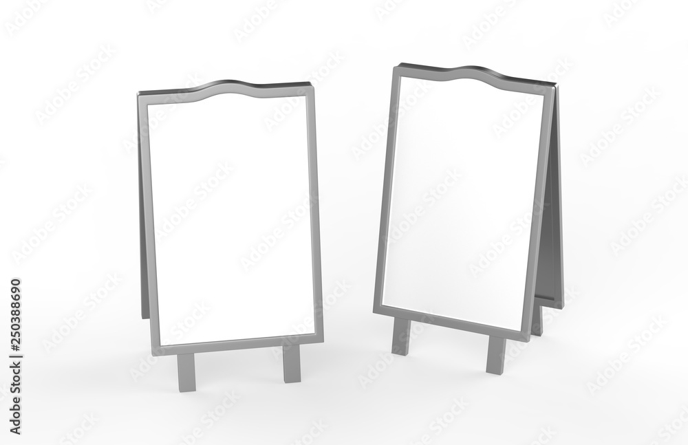 Blank white metallic outdoor advertising stand mockup set on isolated white background, clear street signage board, two sided advertising stand mock up, 3d illustration Blank white metallic outdoor advertising stand mockup set on isolated white background, clear street signage board, two sided advertising stand mock up, 3d illustration
