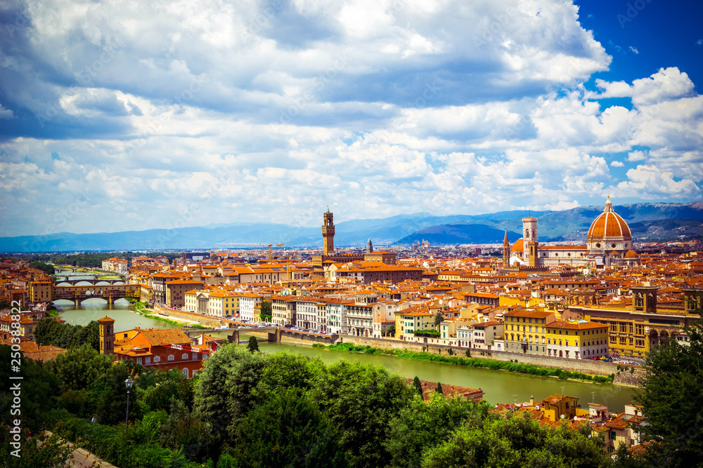 Modern colorful aerial view Florence Firenze on blue backdrop. Famous european travel destination. Beautiful architecture. Italian renaissance church. Summer landscape. Florence, Tuscany, Italy