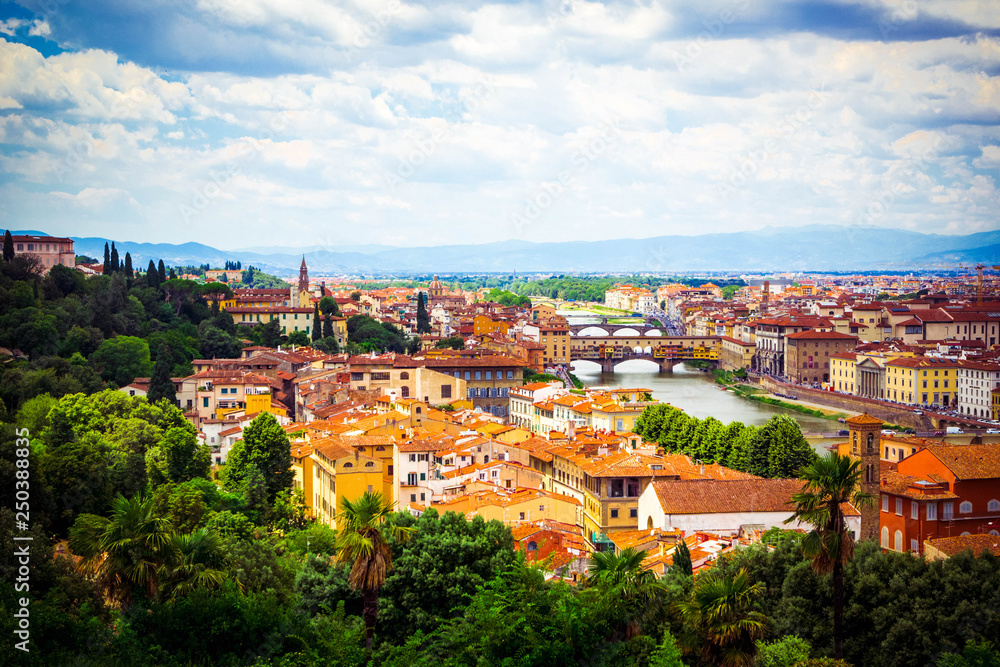 Beautiful panoramic view Florence Firenze, Italian renaissance churches. Summer scenery. Sunny day, blue sky with cumulus clouds. Florence, Tuscany, Italy