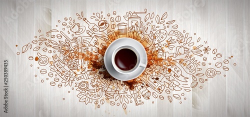 Coffee concept on wooden background - white coffee cup, top view with doodle illustration about coffee, beans, morning, espresso in cafe, breakfast. Morning coffee vector illustration with coffee