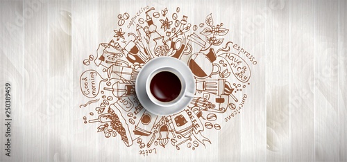 Coffee concept on wooden background - white coffee cup, top view with doodle illustration about coffee, beans, morning, espresso in cafe, breakfast. Morning coffee vector illustration. Hand draw and