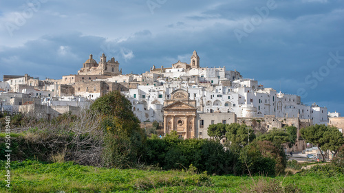Panorama of The picturesque old town and Roman Catholic cathedral and church Confraternity of Carmine. The white city in Apulia on the hill - Ostuni , Puglia , Brindisi , Italy
