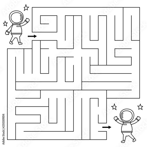 Maze game for children, help the cartoon astronaut find right path to the friend. Coloring page. Vector illustration.