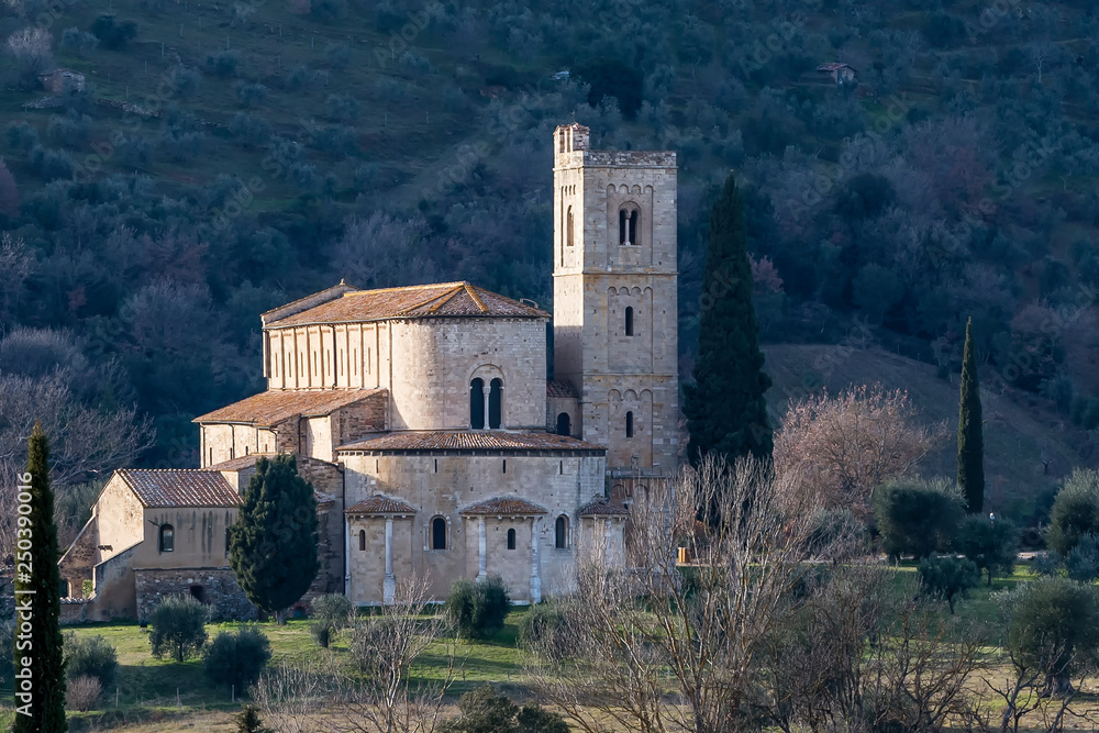 The beautiful Abbey of Sant'Antimo surrounded by the Sienese countryside, Montalcino, Tuscany, Italy